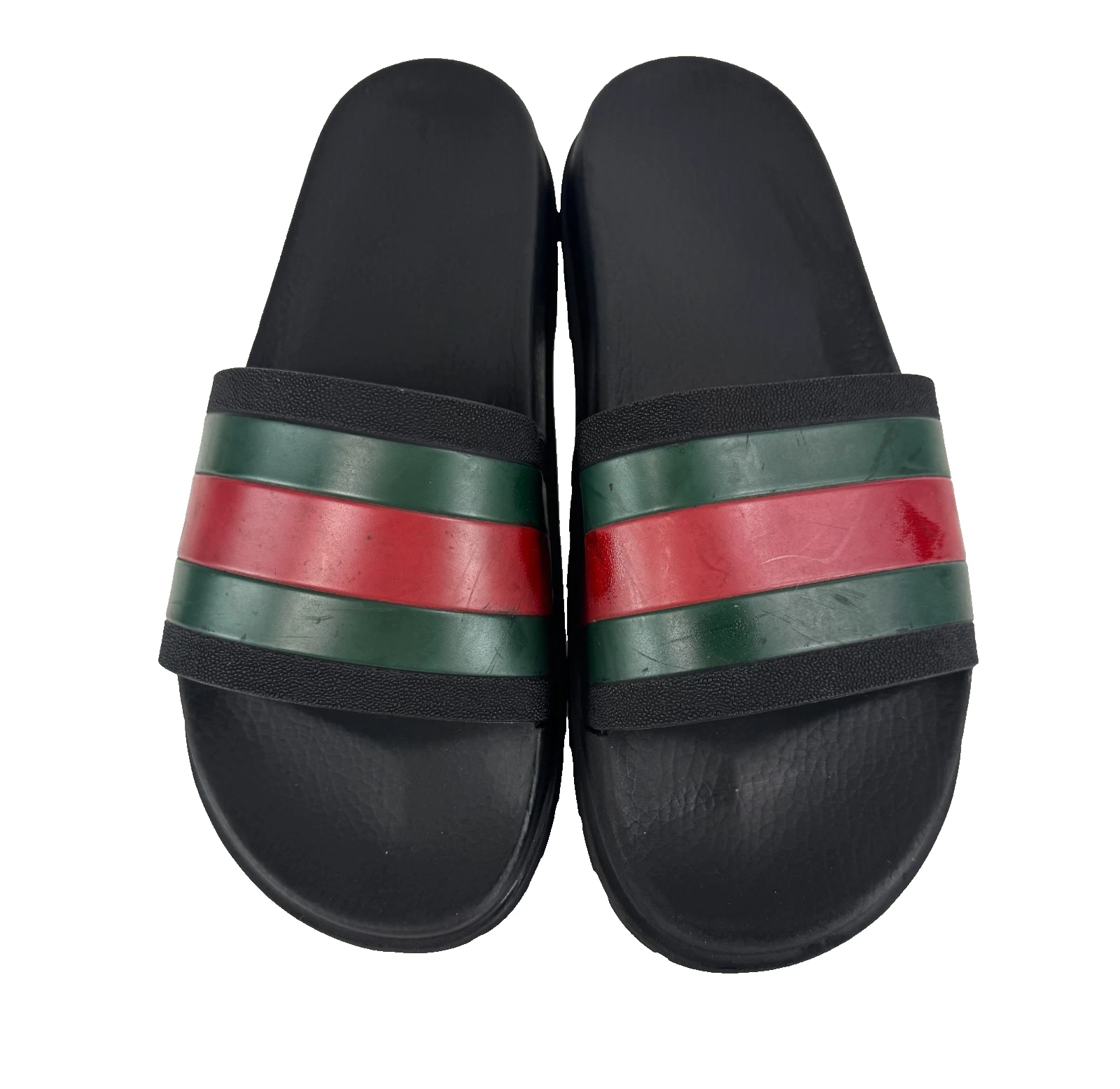 $510 Gucci Auth Men Black Web Rubber Pool Slides 9.5 US 9 UK 43 EU Sandals Shoes