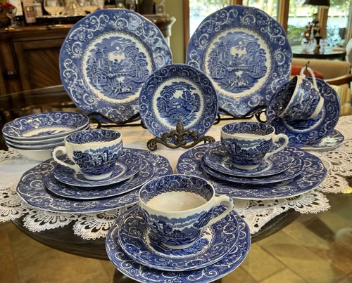 21 Pc Vtg Dish Set ~ River Scene Canterbury ~ Blue and White . Pls read update