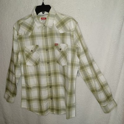 Wrangler Mens Slim Fit Woven Twill Long Sleeves Shirts Plaid Green Western (2G)