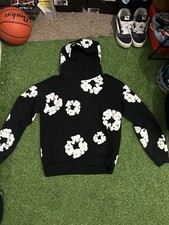 DENIM TEARS Black Cotton Knit Hoodie White Floral Graphic Print Pullover