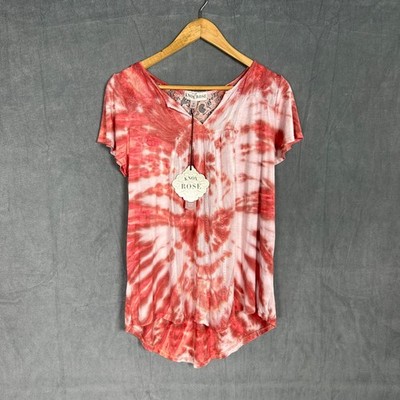 Knox Rose Womens M NWT Tie Dye Lace Orange Boho Abstract High-Low Summer Top