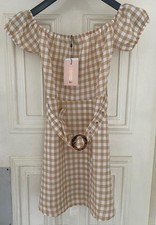 Missguided Ladies Bardot Coffee/White Gingham Belted Day Dress Size 8