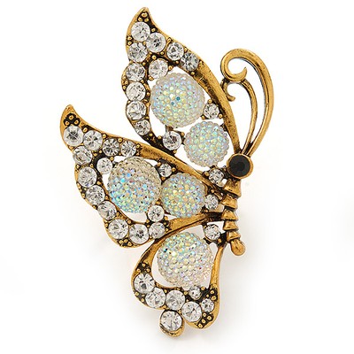 Large Clear & AB Crystal Butterfly Ring In Antique Gold Metal - Adjustable -
