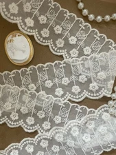 Elegant Floral Mesh Embroidered Lace Trim, Beige, Great for Sewing & Crafts