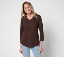Denim & Co. Women's Top Sz M Essentials Waffle Knit V-Neck w Button Brown