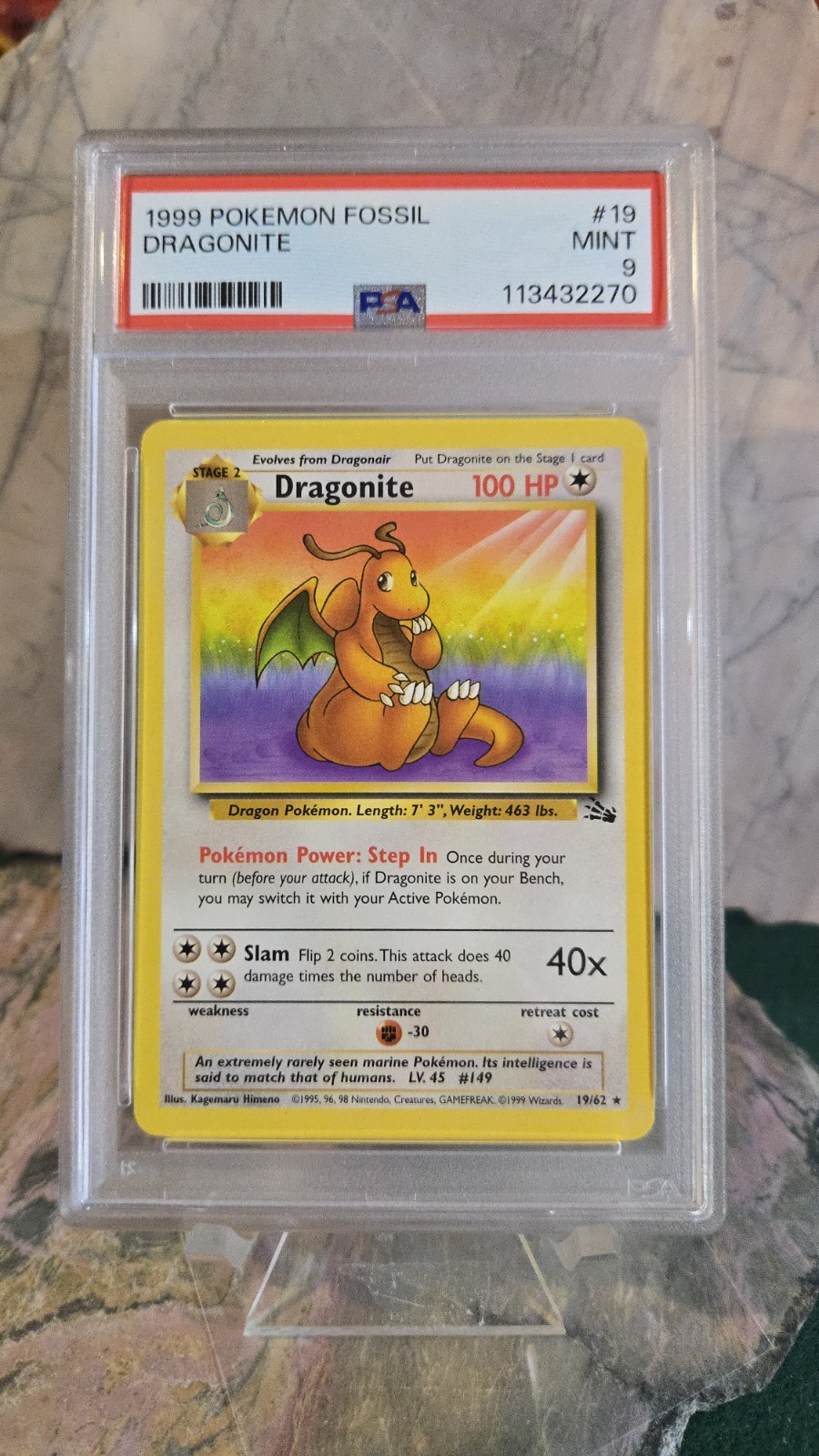 1999 Pokemon Fossil Dragonite #19 Graded PSA 9 MINT