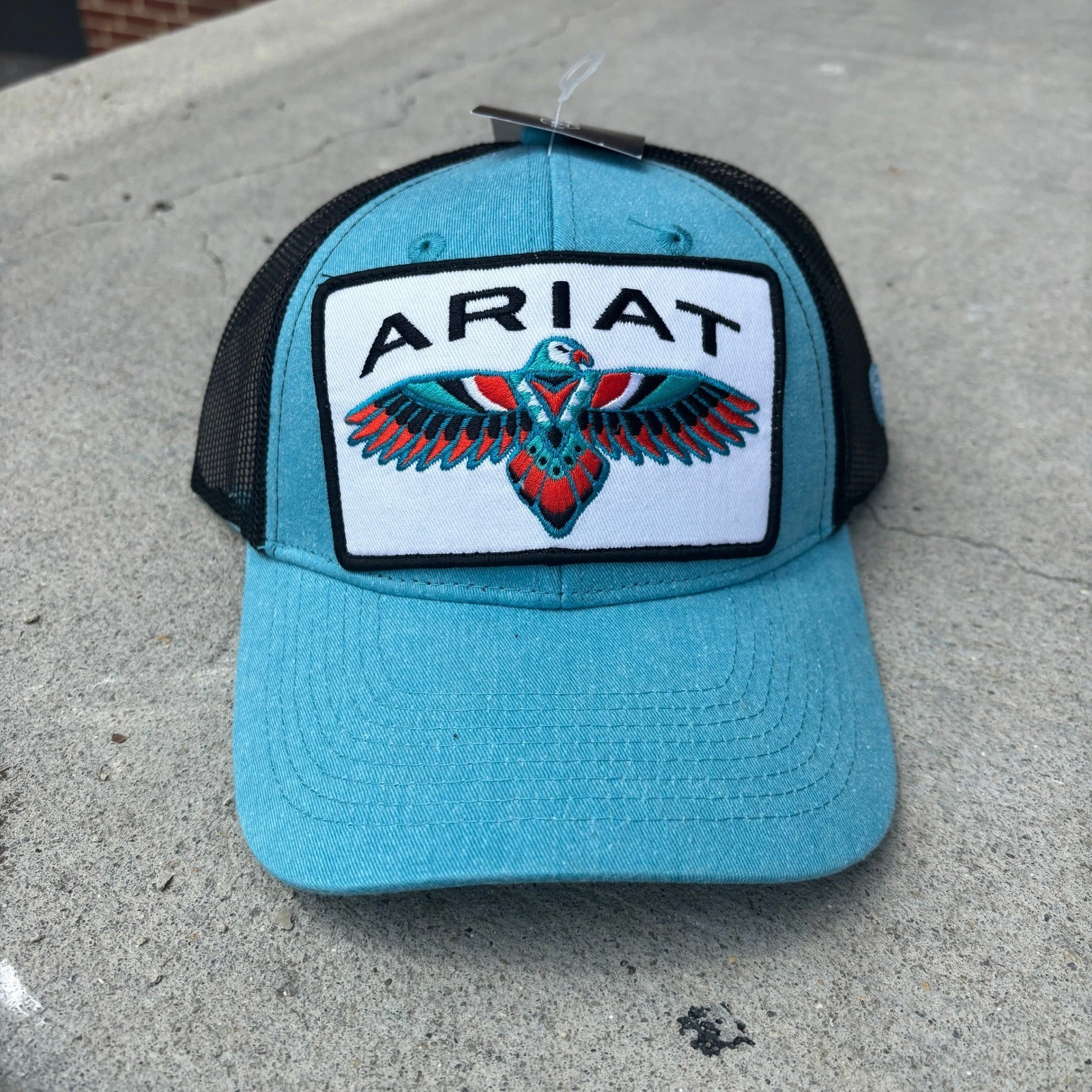 New Ariat Thunderbird Patch Trucker Snapback Hat Turquoise Blue Black Mesh NWT