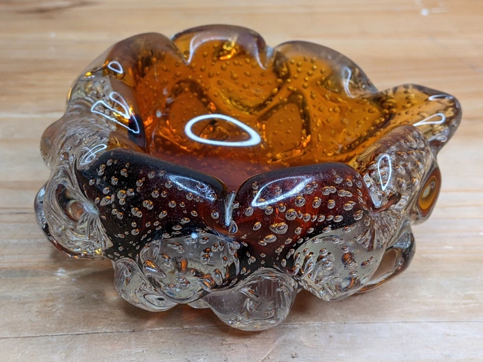 60s 70s Vintage Glass Ash Tray Bowl Dish Murano Controlled Bubble Amber Retro - Image 4 of 4
