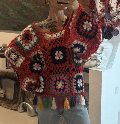 Vintage Granny Style Boho Handmade Häkeln Pullover Patchwork Bunt gestrickt 70 s