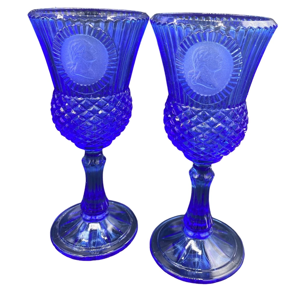 Набор из 4 винтажных винных кубков Cobalt Blue Fostoria Cameo George/Martha Washington - Изображение 3 из 4