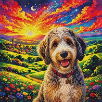 Aussiedoodle Welpe Hund: Sommerglück. Kreuzstich gezählt