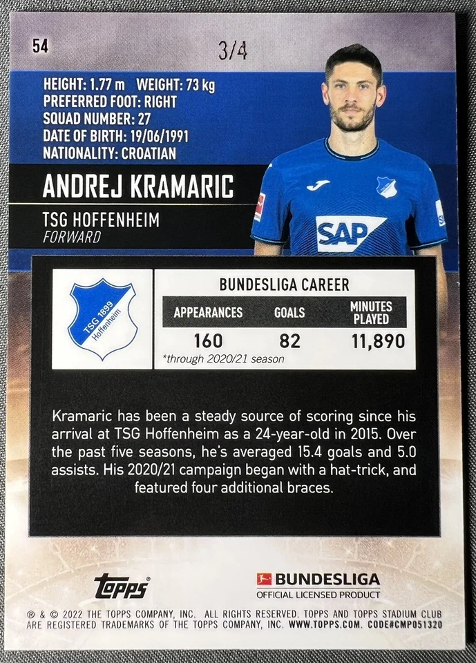 Andrej Kramaric 2021 Stadium Club Chrome TSG Hoffenheim Red Electric Charge /4 - Image 2 of 3