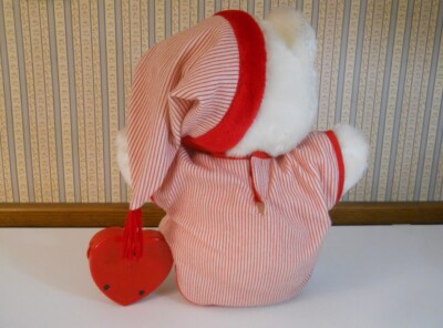 Vtg 1985 Heart to Heart plush white baby bear red striped pj's toy