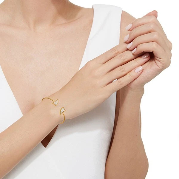 Bracelete de punho de pedra preciosa dente folheado a ouro duas pedras ajustável Howlite e CZ - Imagem 4 de 4