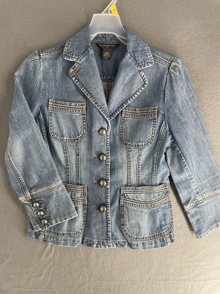 Banana Republic Denim Jean Jacket Womens 8 Medium Wash Sailor Collar 4 Button