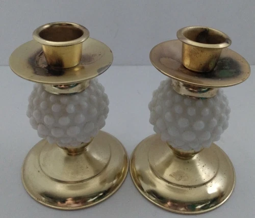 Vintage Set 2pc Taper Milk Glass Hobnail Candle Holders Table Top Display Decor