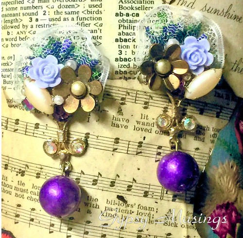 OOAK Victorian Purple Floral Lace Pearl Rhinestone Assemblage Pierced Earrings - Picture 3 of 12