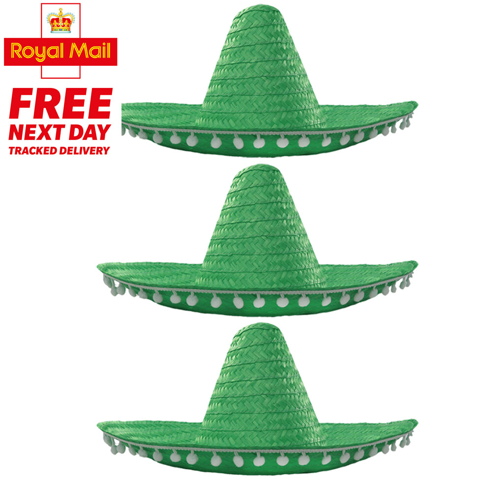 3 X SOMBRERO MEXICANO SOMBREROS VERDES SALVAJE OESTE DISFRAZ PAQUETE DE ACCESORIOS