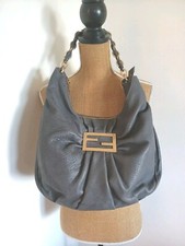 Fendi Mama Grey Leather Logo Chain Strip Hobo Handbag