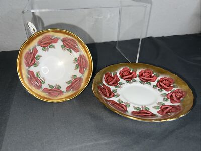 Paragon Vintage Rare Cabbage Roses 7 Rose Tea Cup and 8 Rose Saucer Gold Trim
