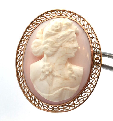 Carved Oval Pink Cameo 10K Yellow Gold Filigree Border Brooch