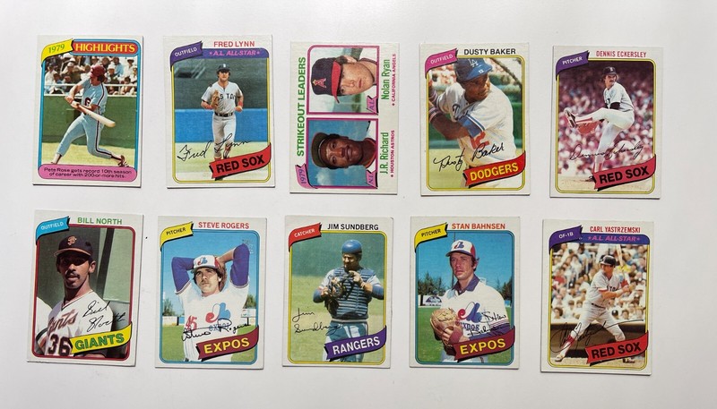 Lot of 10 1980 Topps Baseball Fred Lynn Carl Yastrzemski Dennis Eckersley