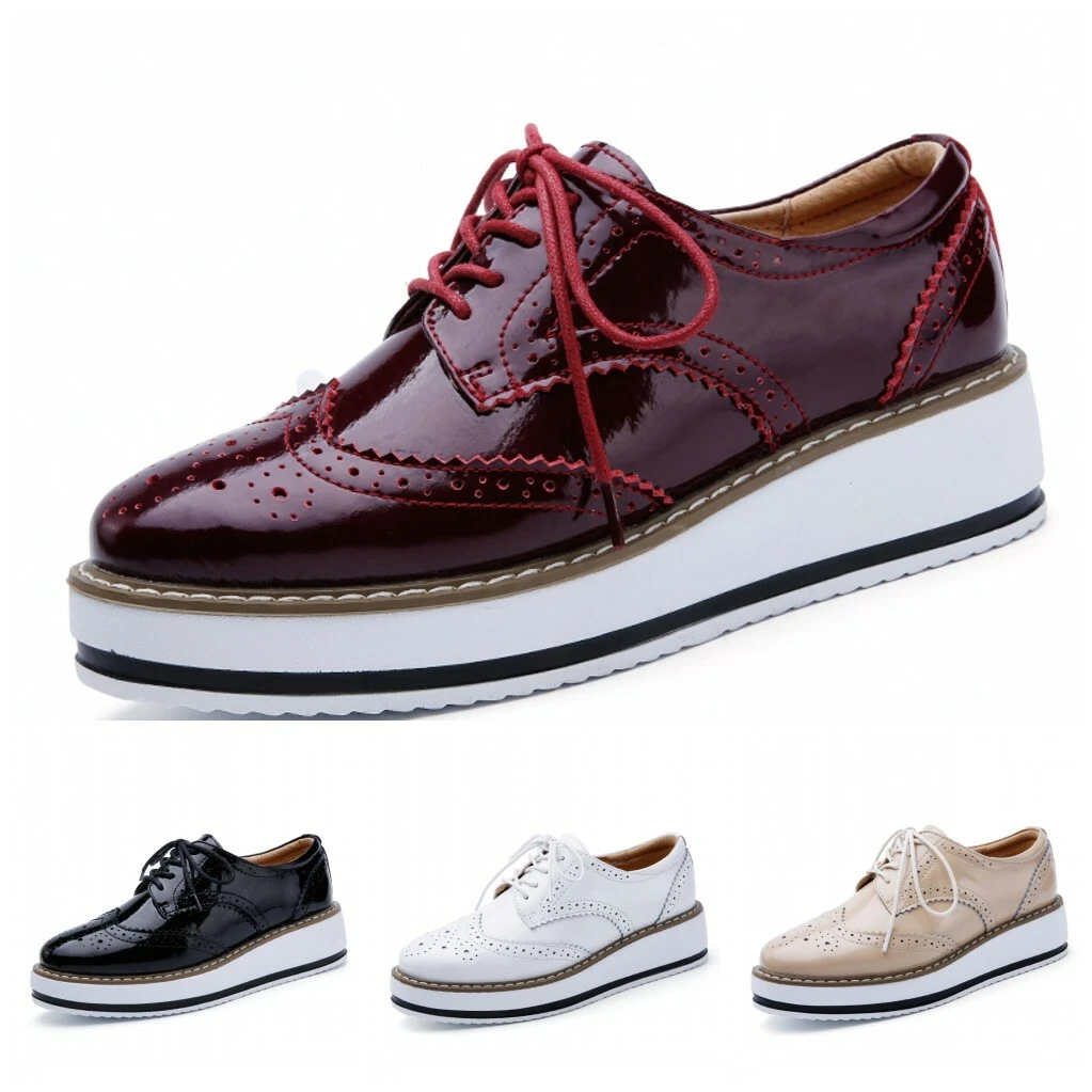Women Creepers Platform Lace Up Wedge Oxfords Chunky Heel Brogue Shoes College L