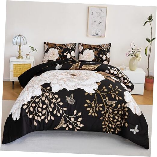 Floral Queen Size Comforter Set 3 Pieces Gold Leaves Queen(3Pcs) Black