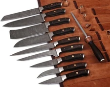 Damascus Chef Knife 10 Pcs Handmade Damascus Kitchen Knife set With Leather Bag