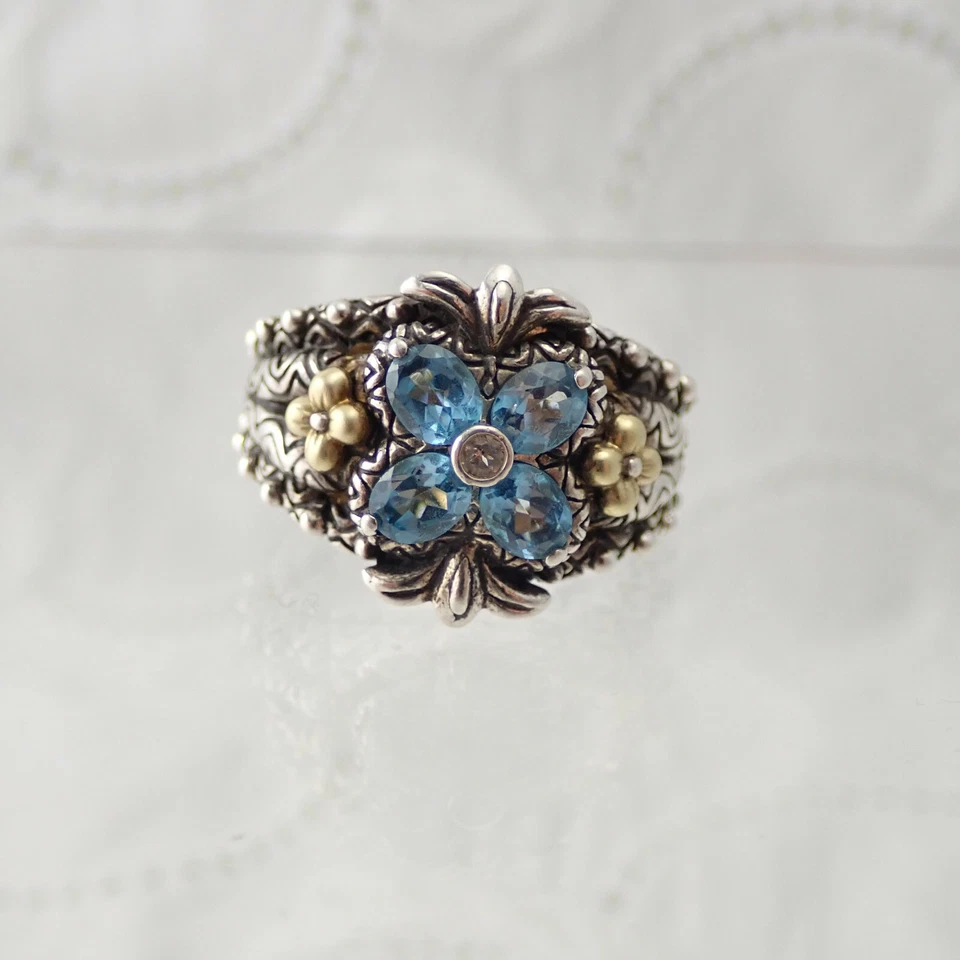 Anillo Barbara Bixby Topacio Azul Flor Espinela Transparente Plata de Ley 18K Talla 8 14g Foto 3 de 4