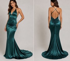 Formal Emerald Green Crisscross Back Mermaid Long Evening Prom Dress Ruched Back