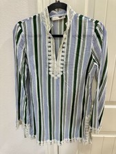 Tory Burch Button & Seed Bead Trim V-Neck Tunic Green/ Blue/ Cream Striped S