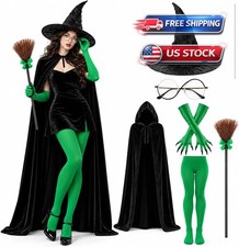 Witch Costume Set 6 Piece Halloween Outfit Hat Cape Gloves Socks Broom
