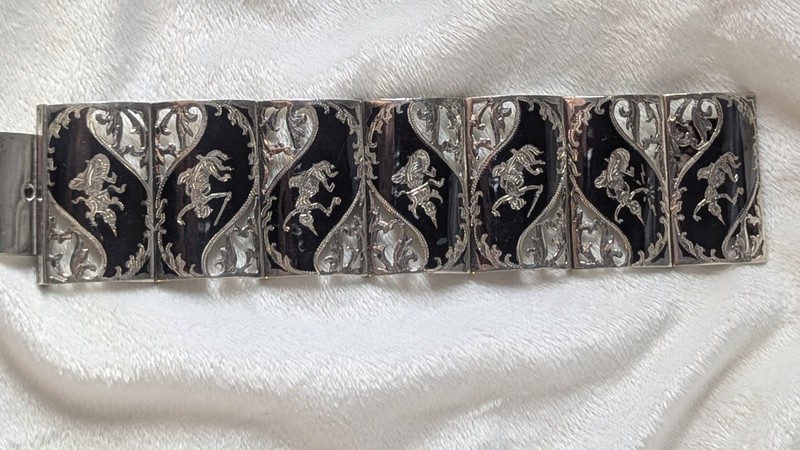 Vintage Siam Sterling Niello Bracelet & Brooch Set Thai Silver 62.5g