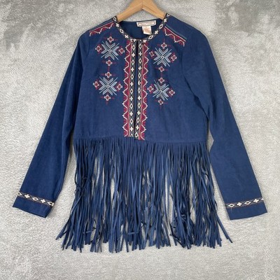 Flying Tomato Jacket Womens Medium Blue Faux Suede Fringe Embroidered Western