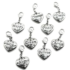9PCS 9 Words Stainless Steel Clip-on Charm Collection, Believe, Cherish, Courag