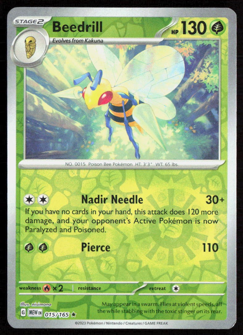 Beedrill 015/165 Reverse Holo Rare 151 Pokemon Reverse Holo Near Mint