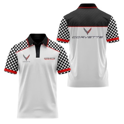 NEW! Corvette C8 Logo Racing  White Black 3D Men Polo Shirt Size - S-5XL