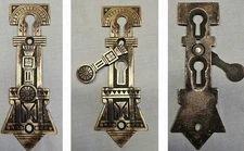 OG Antique Eqyptian Eastlake Motif Swinging Cover Double Keyhole Escutcheon 4¾"