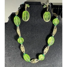 Antique Art Glass Necklace & Earrings Set Filigree Bead Style Gold Tone NOT UV