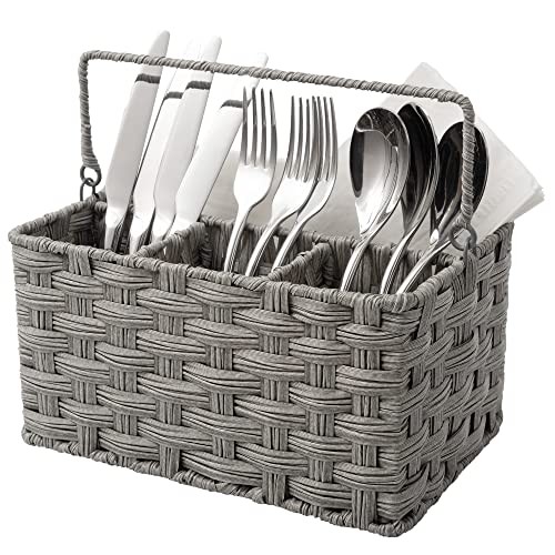  Wicker Utensil Caddy - Picnic Basket with Handle, Organizer for Kitchen Table 