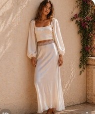 Womans Cream Satin Maxi Skirt Boho Cottagecore Romantic Feminine Slip Skirt 4