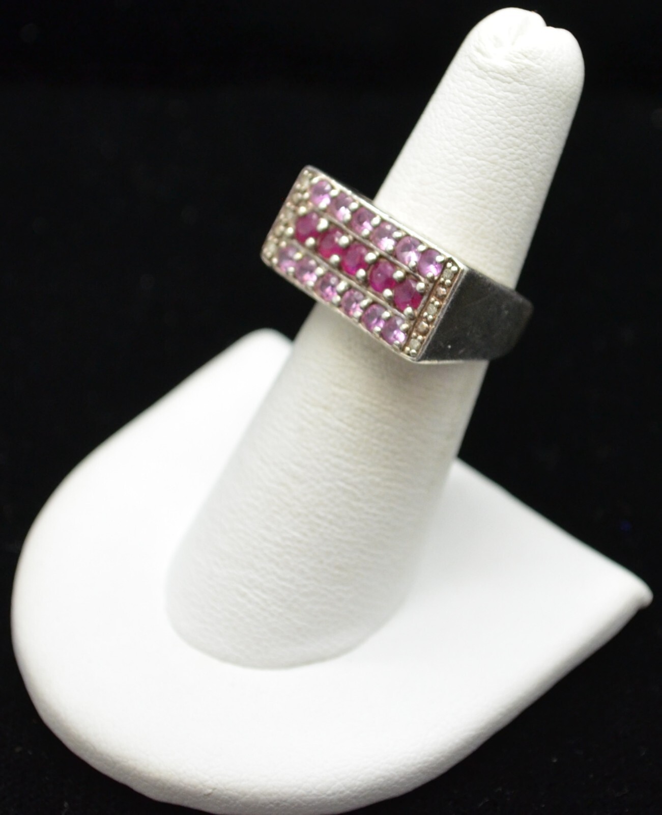 Sterling Silver Rectangular Ring w/ Red and Pink … - image 3