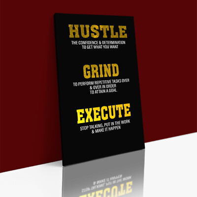 HUSTLE GRIND EXECUTE Motivational Definition LEINWAND Wandbild Kunstdruck GERAHMT