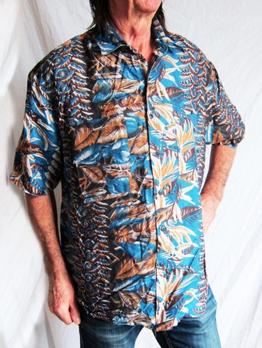 100% SILK dark BLUE/ BROWN Hawaiian shirt S, 48" short sleeve 2 pockets new - Picture 2 of 5