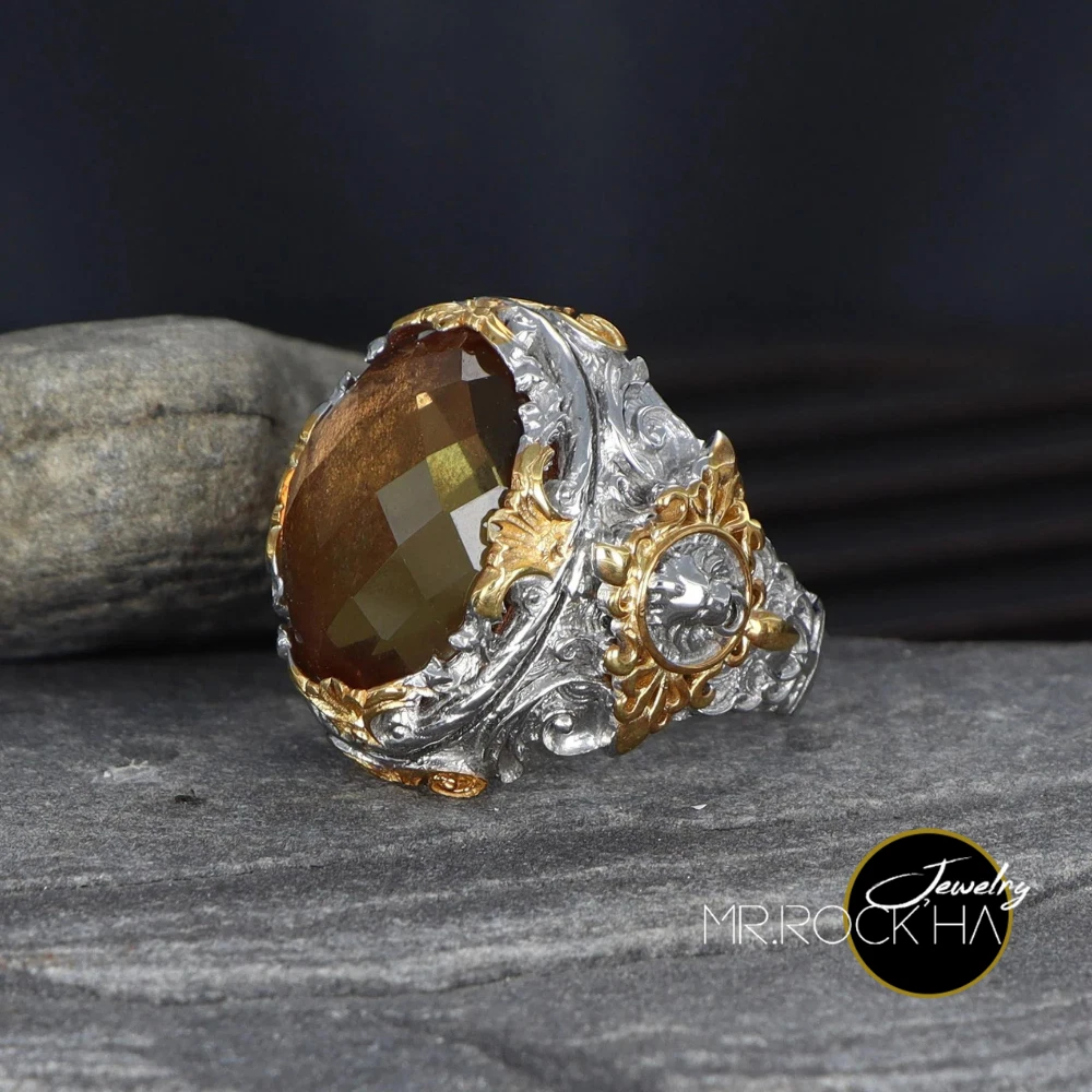 Brown Alexandrite Stone,Relief Lion,Gold Rhodium Plated,925 K Silver Men's Ring