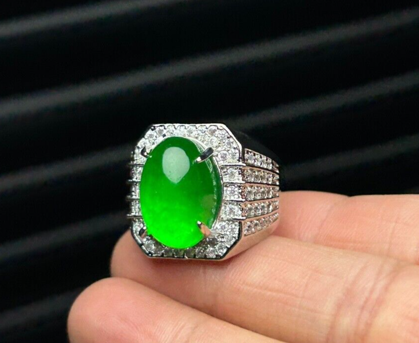 Natural Icy Green Jade jadeite Inlaid Men Adjustable Size Ring