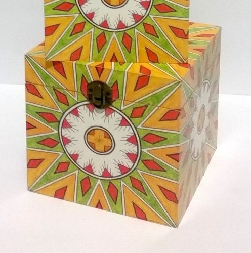 Yellow Multicolor Aztec Art Style Cube Home Decor Trunk Storage Boxes, Set of 2 - Picture 7 of 8