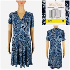 Michael Kors Womens Medium Dress Blue Short Sleeve Paisley Flare Brynleigh NWT