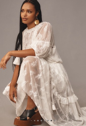 Anthropologie Size XL Let Me Be White Lace Short Sleeve Ruffle Maxi Dress NWT - Picture 2 of 10